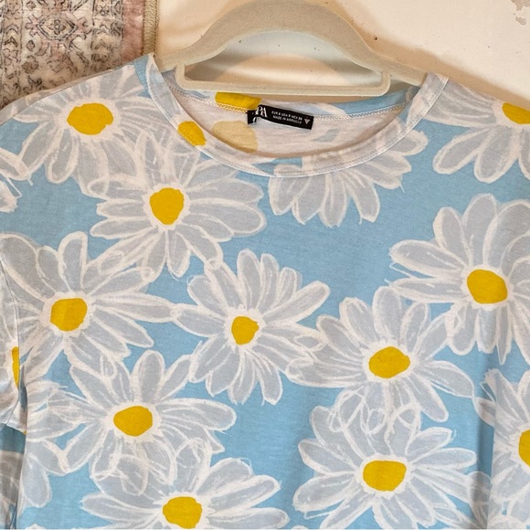 ZARA TRF Blue Daisies Cropped Cotton Tee S - Picture 7 of 9